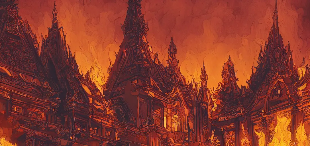 Prompt: Temple wearing flame fire smoke, art nouveau, wide angle shallow depth of field, in the graphic style of Patrick Gleason, detailed art, trending on Artstation, sharp focus, comic art