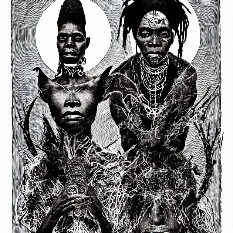 Prompt: mysterious portrait of a voodoo shaman, occult, magical realism, spiritualistic seance, pen and ink illustration by daniel martin diaz, symmetry, artstation, ultrarealistic, 8 k