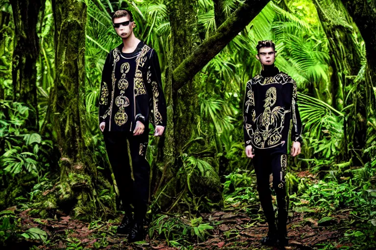 Prompt: versace avant garde male tunics intricate modern choatic textiles streetwear cyberpunk posing in the jungle woods cloudy overcast dark dramatic mysterious 3 5 mm professional