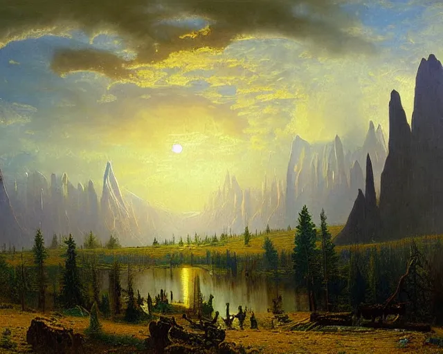 Prompt: Hyperborea landscape painting by Vsevolod Ivanov and Albert Bierstadt!!!