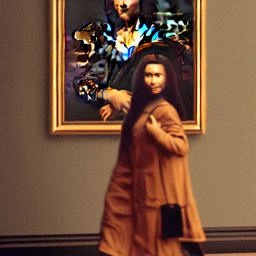 Image similar to 3 d render of mona lisa the person, walking down the street of new york city