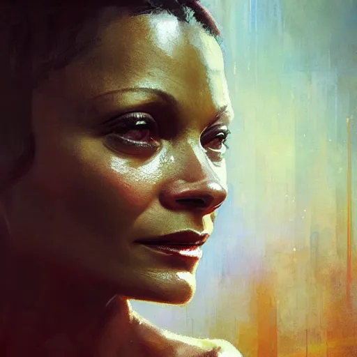 Prompt: thandie newton, hyperrealistic portrait, bladerunner street, art of elysium by jeremy mann and alphonse mucha, fantasy art, photo realistic, dynamic lighting, artstation, poster, volumetric lighting, very detailed face, 4 k, award winning