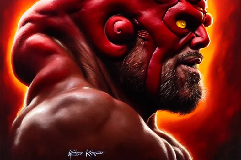 Prompt: poster portrait of sly stallone as hellboy ( 2 0 0 4 ). artwork, 4 k digital art, 8 0's style tomasz alen kopera, peter mohrbacher, donato giancola, boris vallejo, drew struzan hyperrealistic oil painting, urban horror, frank frazetta