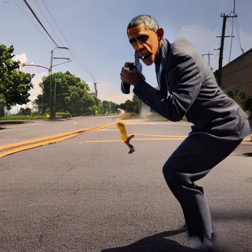 Image similar to angry barack obama shooting and terrorizing people in the hood, 8k resolution, full HD, cinematic lighting, award winning, anatomically correct