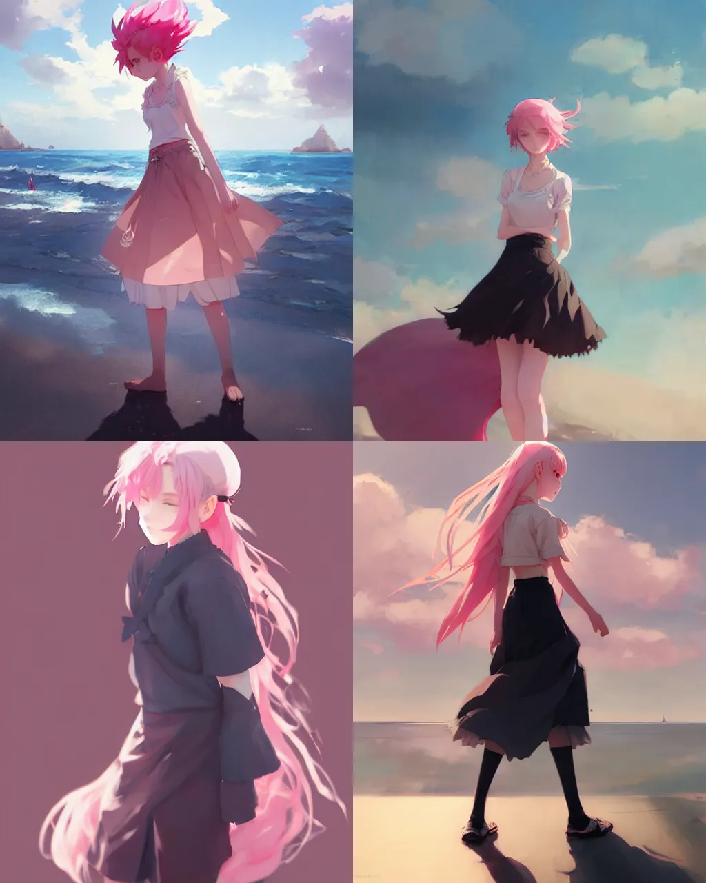 Prompt: a girl with pink hair and black skirt, at the seaside, a beautiful half body illustration, side backlight, perfect shadow, soft painting, reduce saturation, leaning towards watercolor, art by hidari and krenz cushart and wenjun lin