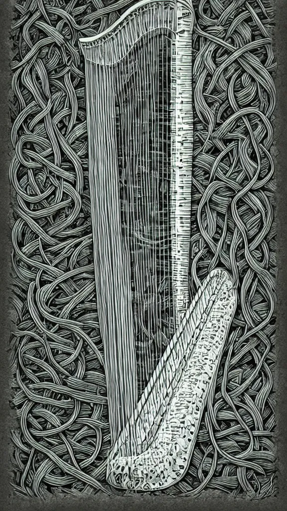 Image similar to a harp with strings made of thick vines, fantasy art, art station, grey background,