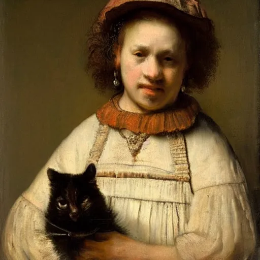 Prompt: a rembrandt portrait of a young woman wearing an apron holding a large fluffy cat, detailed, oil painting, old masters