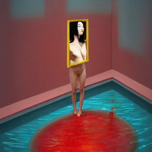 Image similar to Kiko Mizuhara full body laying in a blood red pool of water between a golden mirror frame, outside is space and inside the mirror frame is a beautiful landscape., physically accurate, dynamic lighting, intricate, elegant, highly detailed, digital painting, artstation, HR GIGER, Hieronymus Bosch, Francis Bacon, concept art, smooth, sharp focus, illustration, art by artgerm and greg rutkowski and alphonse mucha