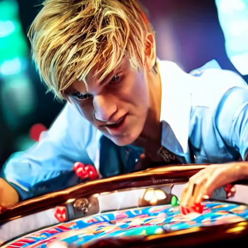 Image similar to film still of xqc gambling in Vegas, 4k, photorealism, artstation style