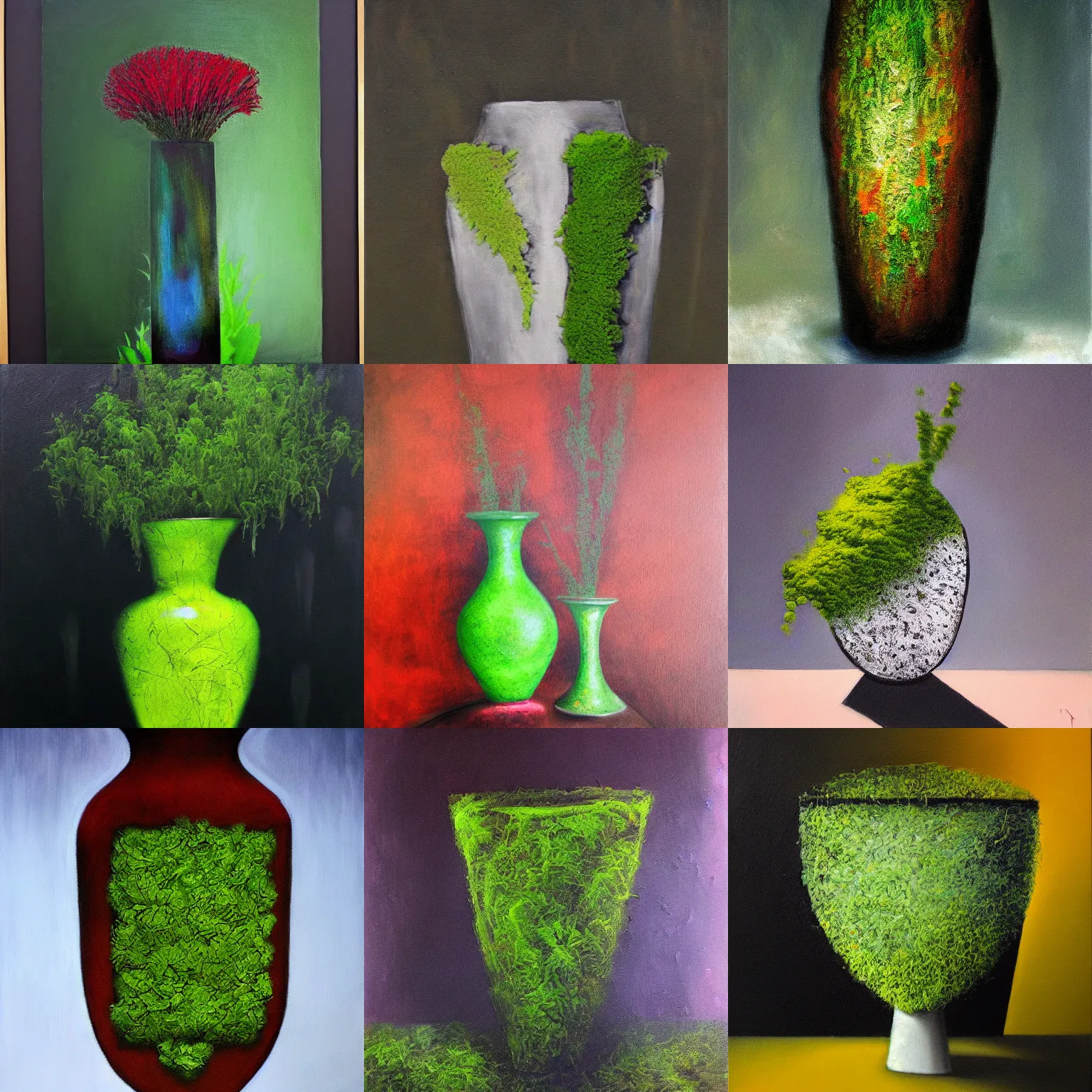 Prompt: an abstract vase with moss on it. conceptual art, abstract art, surrealist oil painting, still life painting, wikiart, high detail, moody painting, dark lighting