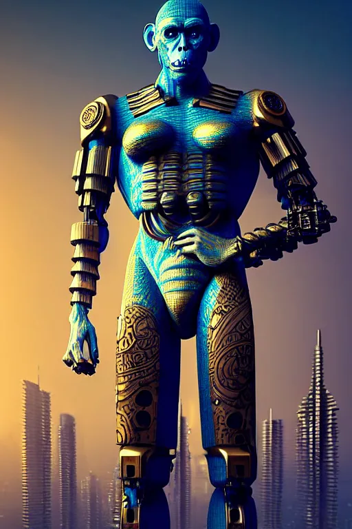 Prompt: high quality 3 d render brutalist cyborg! muscular man monkey blue hybrid sitting, gold madhubani, highly detailed, cyberpunk!! mumbai in the background, unreal engine cinematic smooth, szukalski & blade runner, moody light, low angle, uhd 8 k, sharp focus