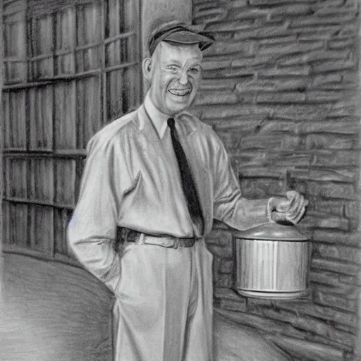 Prompt: a realistic pencil drawing of a milk delivery man of the 1 9 5 0 s, low dutch angle, face in focus, natural lighting, realism