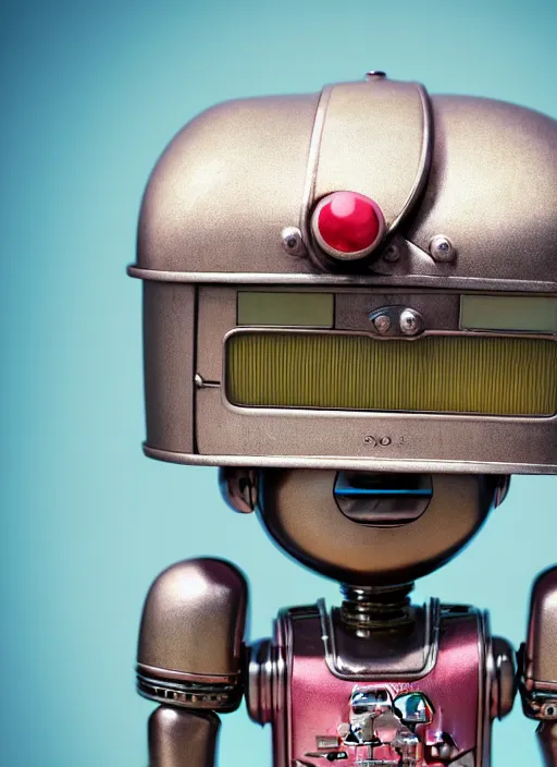 Image similar to highly detailed closeup portrait of a cute tin toy retro robot, nicoletta ceccoli, mark ryden, lostfish, earl nore, hyung tae, frank frazetta, global illumination, god rays, detailed and intricate environment