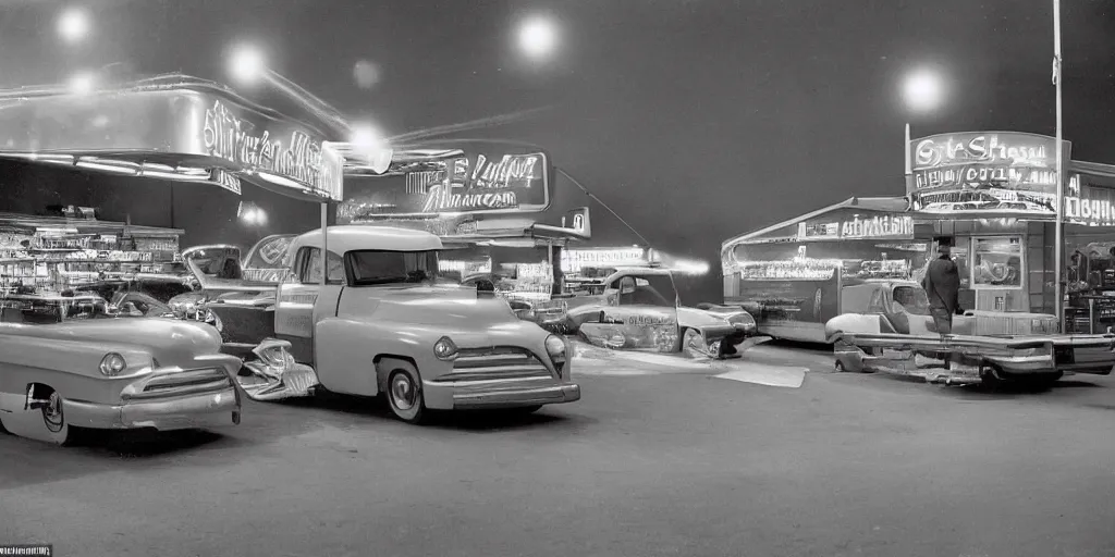 Prompt: detailed sharp photograph in the style of popular science circa 1 9 5 5 and gregory crewdson of a 1 9 5 0 s truck stop at night