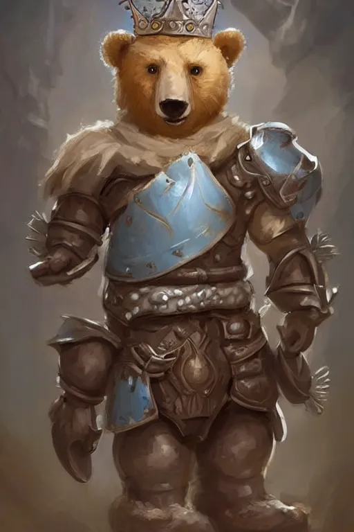 Image similar to cute little anthropomorphic bear knight wearing a cape and a crown, tiny, small, miniature bear, baby animal, short, pale blue armor, cute and adorable, pretty, beautiful, DnD character art portrait, matte fantasy painting, DeviantArt Artstation, by Jason Felix by Steve Argyle by Tyler Jacobson by Peter Mohrbacher, cinematic lighting