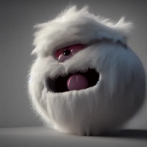 Image similar to cute chthonic fluffy monster, vray render, 50mm lens, bottom angle