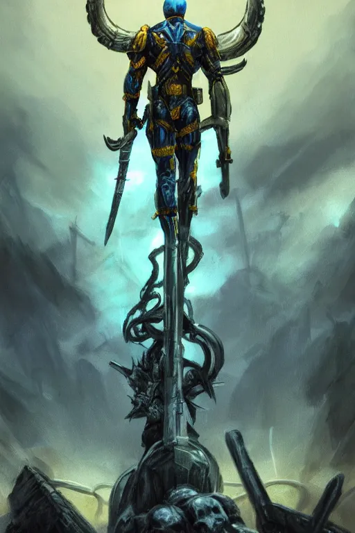 Prompt: a distant shot of a single super soldier with blue and yellow flag and a trident symbol standing alone on a huge pile of skulls as a winner, masculine figure, D&D, fantasy, dark atmosphere, beam of lights through the clouds, intricate, elegant, highly detailed, extremely detailed, digital painting, artstation, concept art, matte, smooth, sharp focus, illustration, art by Artgerm and Greg Rutkowski and Alphonse Mucha