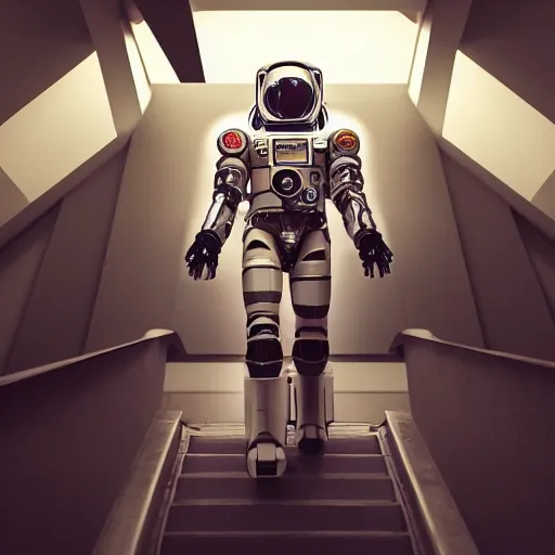 Prompt: beautiful portrait of a mecha astronaut walking up the stairs of heaven alone, octane render, trending on artstation, hyperrealistic, character photography