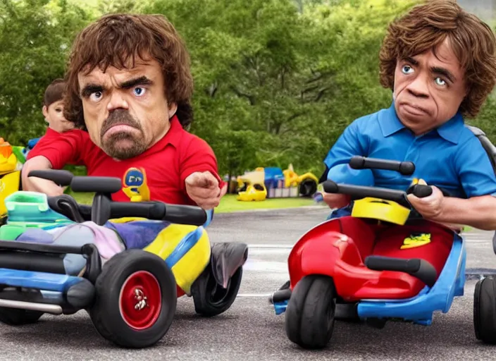 Image similar to peter dinklage racing gary coleman driving a little tikes cars, movie still, from the new fast and furious movie, 8 k, realistic