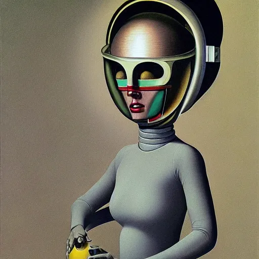 Prompt: portrait of an astronaut lady woman wearing helmet with tight black latex dress tight suit, Edward Hopper and James Gilleard, Zdzislaw Beksinski, Mark Ryden, Wolfgang Lettl highly detailed