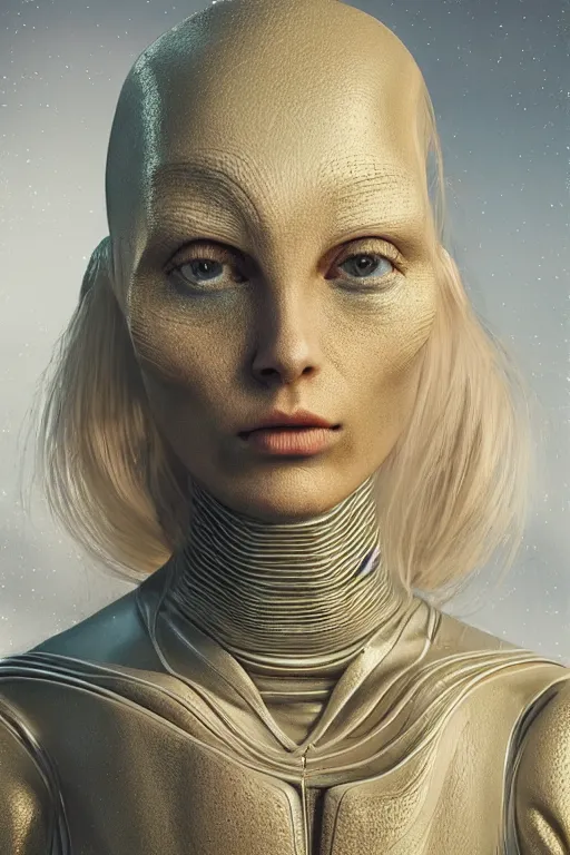 Image similar to Alien Nordic female fashion from Mars in the year 2169, wide angle surreal portrait painting. Insanely detailed and intricate, clean photorealistic realistic, golden ratio, realistic 3D, hyper-realistic, super detailed, realistic octane render, 8K, fashion photography, hard light