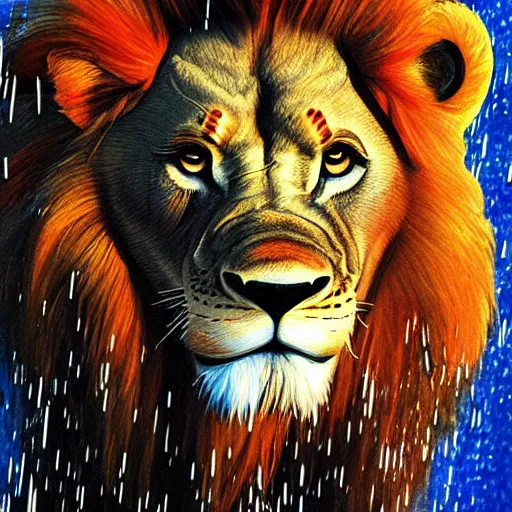 Image similar to a male lion's face breaching through a wall of water, water sprites, splashing, deep blue water color, highly detailed, realistic digital art