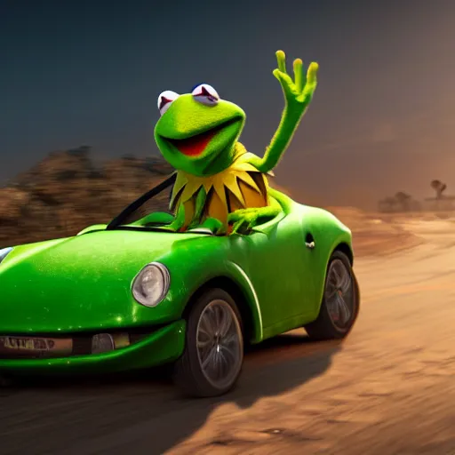 Image similar to kermit driving a car, wlop, marrakech, cinematic lighting, hyperdetailed, 8 k realistic, symmetrical, global illumination, radiant light,, frostbite 3 engine, cryengine, dof, trending on artstation, digital art, chanel