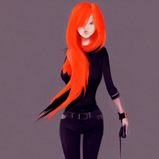 Image similar to a woman wearing black and orange clothes, full body shot, red hair, highly detailed, digital painting, artstation, concept art, smooth, sharp focus, illustration