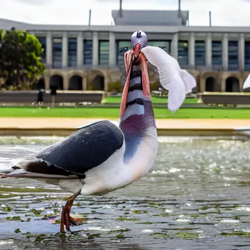 Image similar to shrimp fighting a pigeon in front of Canberra Parliament House