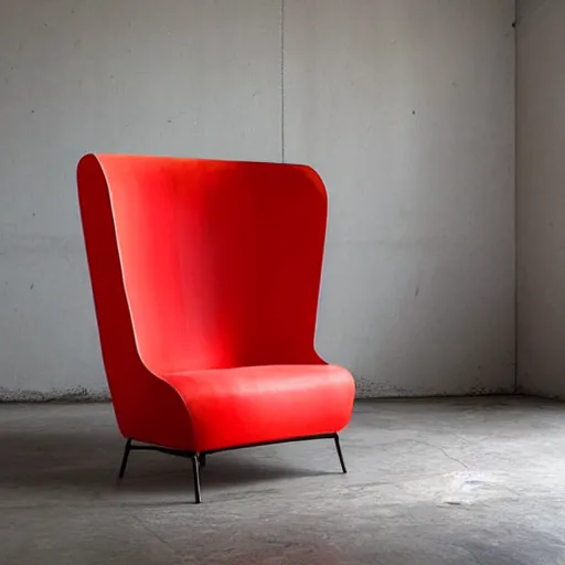 Image similar to a modern armchair design inspired by a strawberry, studio photo