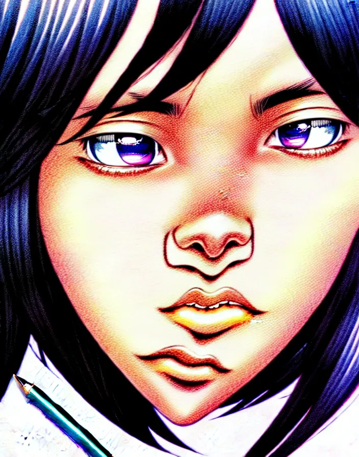 Image similar to extremely detailed color ink pen  illustration depicting an extreme close up face of a dainty young truant female stoner prep highschool school student with medium length silky straight iridescent black hair and lightly suntanned skin, illustrated by Artgerm and Range Murata.