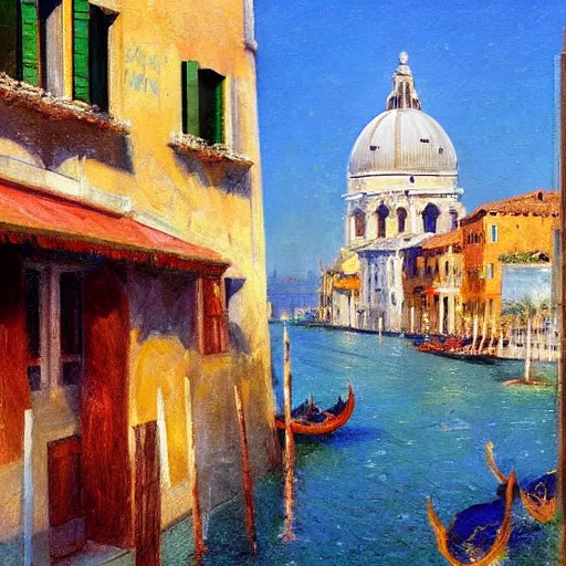 Prompt: italian restaurant in venice, sunny, shadows, richard schmid