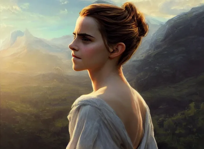 Image similar to emma watson the real god, watching the earth. epic cinematic hyperrealism masterpiece. realistic poster with shaded lighting by craig mallismo, artgerm, jeremy lipkin and michael garmash, unreal engine, radiant light, detailed and complex environment, octane photoreal 3 d render, art station trends