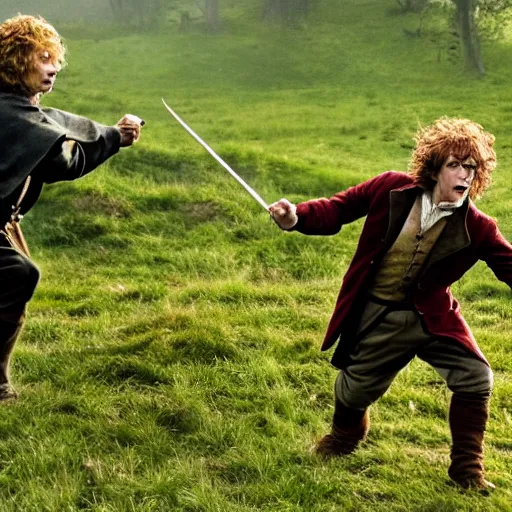 Prompt: bilbo baggins fighting harry potter in an open field, high definition, high quality, atmospheric, fantasy, magic