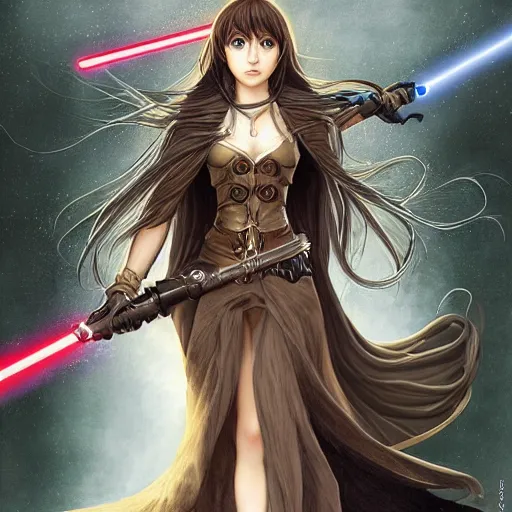 Image similar to portrait of a female Kazuto Kirigaya Kirito as young woman with brown long hair and bangs and wearing a long black coat breast-armor showing through, with light-saber, face, fantasy, intricate, elegant, highly detailed drawn by Donato Giancola and Fernanda Suarez and Artem Demura, face by Artgerm and Edmund Leighton, Alphonse Mucha, background by James Jean and Gustav Klimt, 4k, porcelain skin, komorebi, french nouveau, trending on pixiv, octane render, hyperrealistic