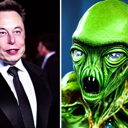 Prompt: Elon Musk shaking hands with an extraterrestrial alien with green skin, black eyes, and a sharp teeth, artistic photography, photorealistic