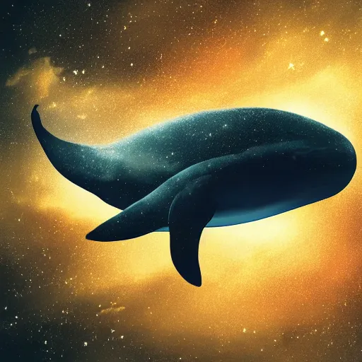 Prompt: portrait of space whale on a dark night sky in space, flying across the universe, oniric, dreamy, beautiful, highly detailed, realistic, cinematic, dynamic composition