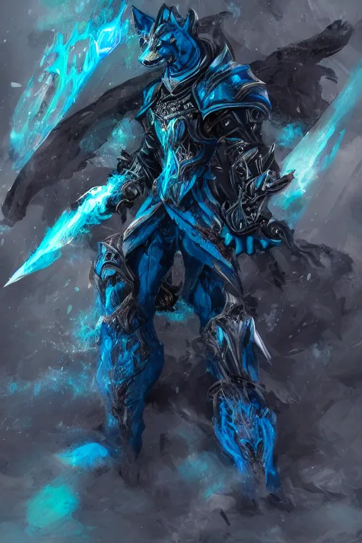 Image similar to anthropomorphic Azure wolf knight, DnD character art portrait, fantasy battleground, raining, blue flame, oil painting, heroic pose, magic the gathering artwork, D&D, fantasy, cinematic lighting, centered, symmetrical, highly detailed, digital painting, artstation, concept art, chromatic aberration, post processing, smooth, sharp focus, illustration, volumetric lighting, epic Composition, 8k, art, DeviantArt, trending on Artstation, Jason Felix, Steve Argyle, Tyler Jacobson, Peter Mohrbacher, Akihiko Yoshida, Greg Rutkowski, Craig Mullins, Frank Frazetta, cinematic lighting