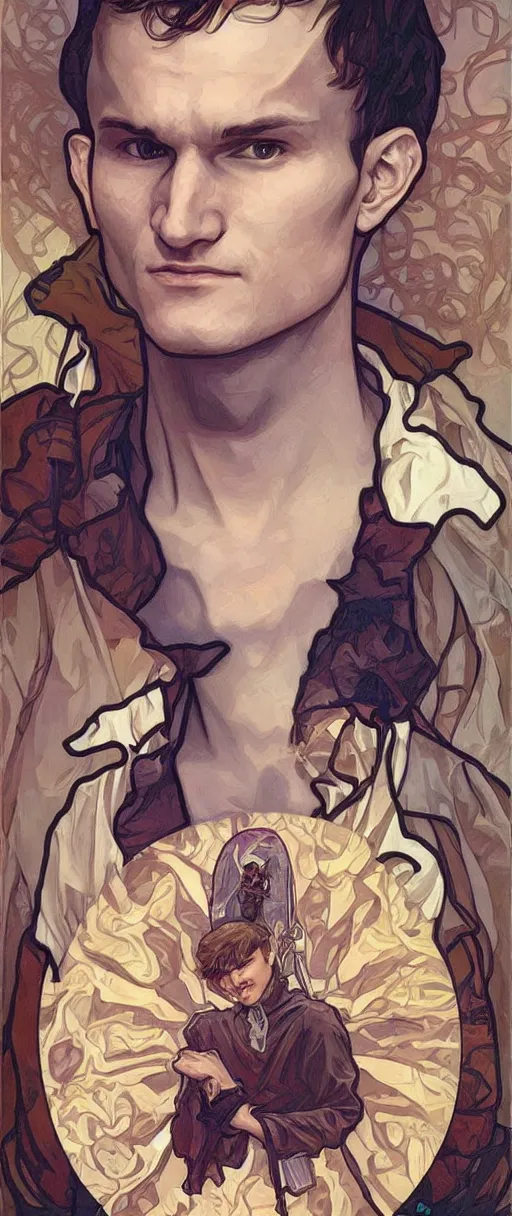 Image similar to vitalik buterin portrait, art by artgerm and greg rutkowski and alphonse mucha