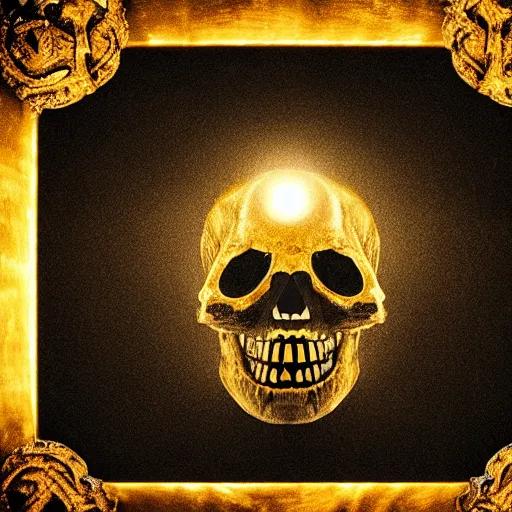 Prompt: a dark ominous chiaroscuro baroque still life photo of a single ray of light shining on a floating golden skull completely engraved in ancient runic inscriptions, messages, prophecies, spells by billelis. ominous darkness background. weirdcore