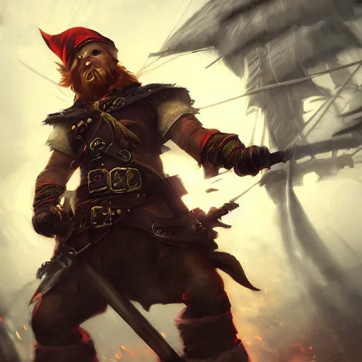 Prompt: handsome grinning ginger elf rogue, tricorne pirate captain hate, naval background, D&D, fantasy, cinematic lighting, centered, symmetrical, highly detailed, digital painting, artstation, concept art, smooth, sharp focus, illustration, volumetric lighting, epic Composition, 8k, art by Akihiko Yoshida and Greg Rutkowski and Craig Mullins, oil painting, cgsociety