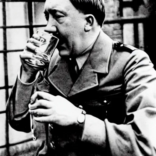 Image similar to Adolf Hitler as a prisoner, drinking a beer