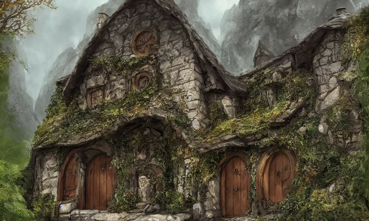 Image similar to The house of the Hobbit Bilbo Baggins, highly detailed, digital painting, artstation, concept art, smooth, sharp focus ilustration, Artstation HQ