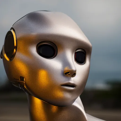 Prompt: a portrait of a humanoid robot looking into the distance, dramatic lighting, taken with canon eos 5 d