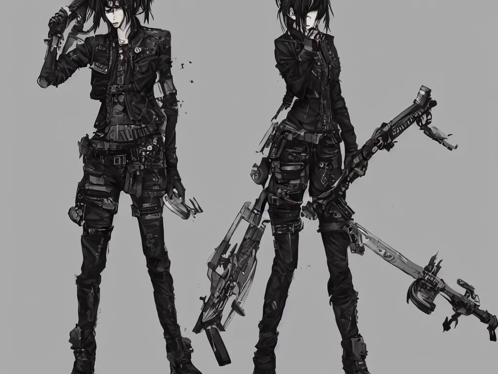 Image similar to fullbody portrait of a beautiful girl dressed in punk street cloth, standing on street, holding a sniper rifle. by riot games, anime style, blade runner, character design, character concept art, masterpiece, award - winning, trending on artstation and pixiv