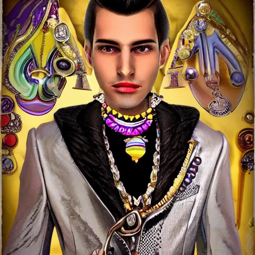 Image similar to A very handsome jewelpunk young man. A Jewelpunk society would be one of gleaming perfection, where every surface is adorned with sparkling gems and jewelry. The skies would be a rainbow of colors, as light reflecting off of the endless gems creates a spectrum of hues. The people would be impeccably dressed, with each outfit adorned with jewels that match their personality and status. Even the weapons and other tools would be made out of precious metals and gems, adding to the overall air of opulence. Men are objectified as much as women.