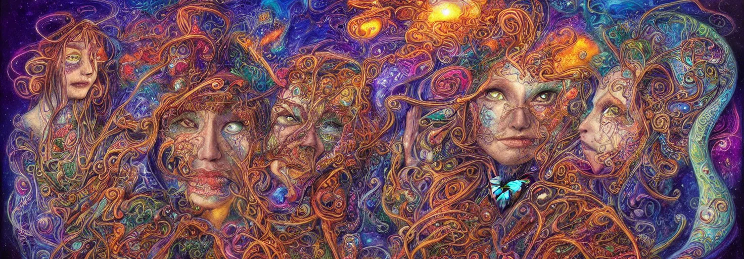 Image similar to two psychedelic shamans intertwined in a cosmic entanglement by Josephine Wall and Daniel Merriam, Artstation