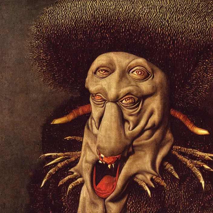 Image similar to close up portrait of an overdressed mutant monster creature with snout, horns, insect wings, unibrow, piercing eyes, toxic smile. jan van eyck