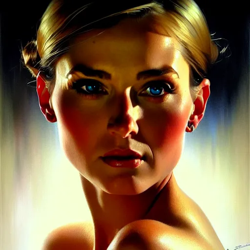 Image similar to close up face of a extremely beautiful bond female vam pire portrait, Masterpiece, oil on canvas, artgerm, norman rockwell, craig mulins, trending on pxiv,