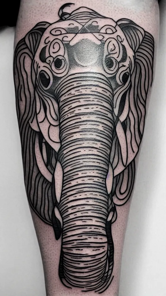 Image similar to small fine line art tattoo of a stylized elephant with abstract geometric patterns surrounding it, fine line tattoo, highly detailed, hd